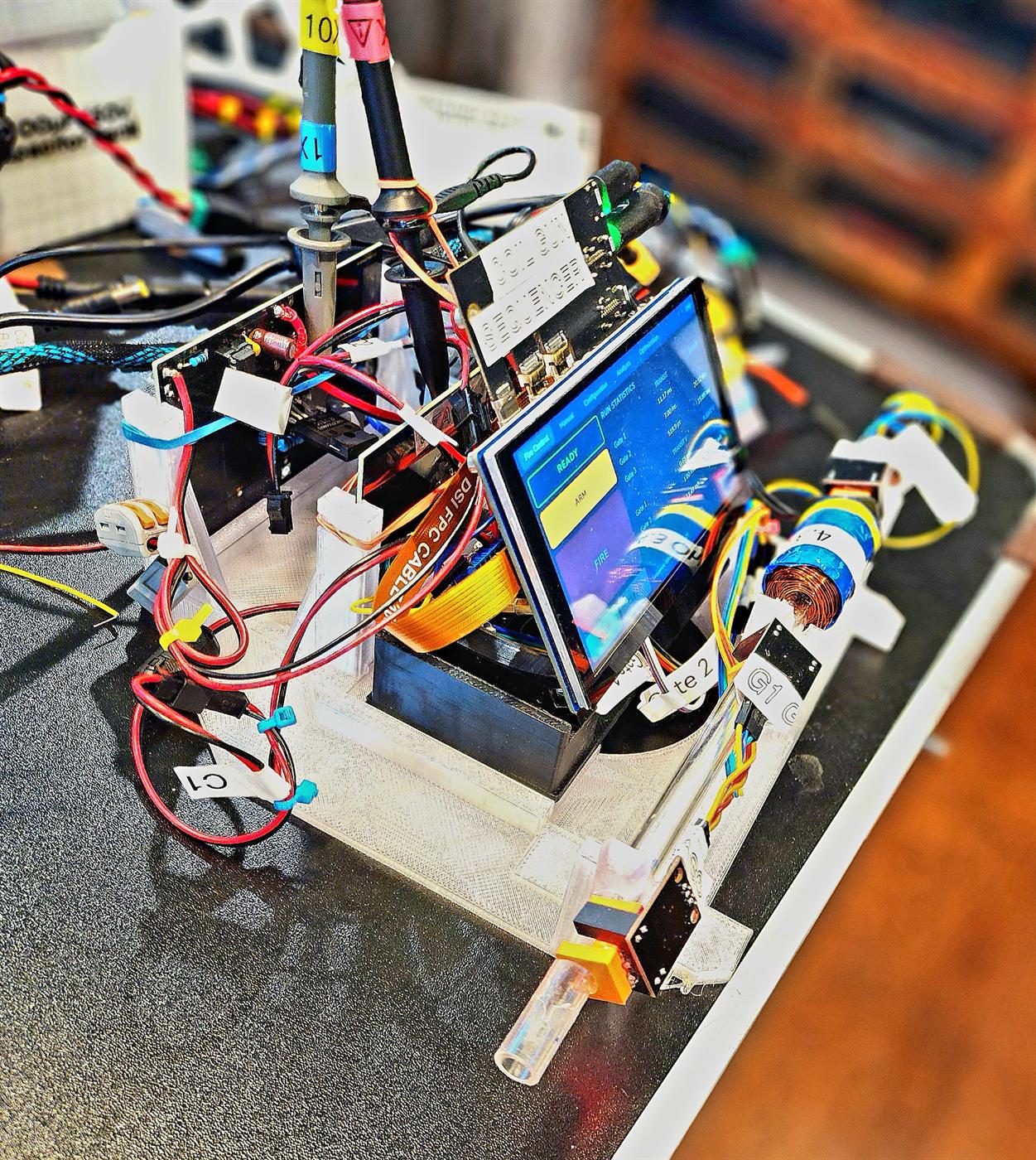 Current rig close-up: white printed chassis, a touchscreen showing READY and ARM with per-gate run statistics, a COIL GUN SEQUENCER shield, two oscilloscope probes clipped in, and a copper coil labelled with its resistance.